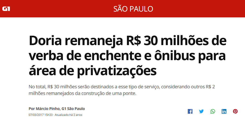 Doria remaneja R$ 30 milhões de verba de enchente e ônibus para área de privatizações