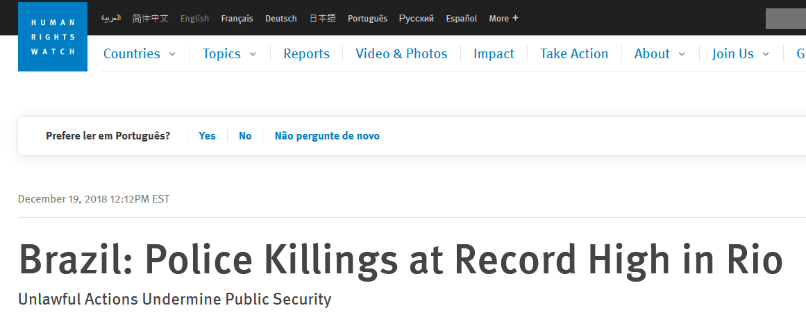 capa da entidade internacional Human Rights Watch Brazil Police Killings at Record High in Rio