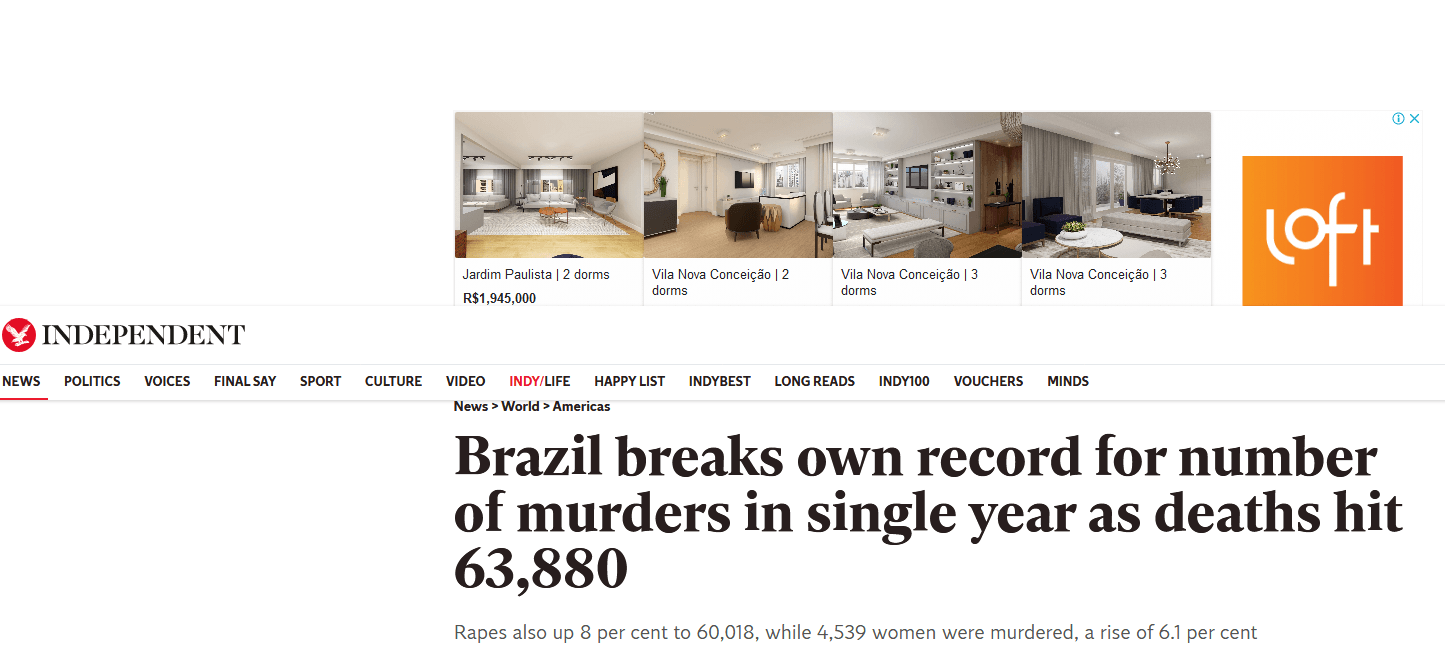 capa do jornal inglês The Independent: Brazil breaks own record for number of murders in single year