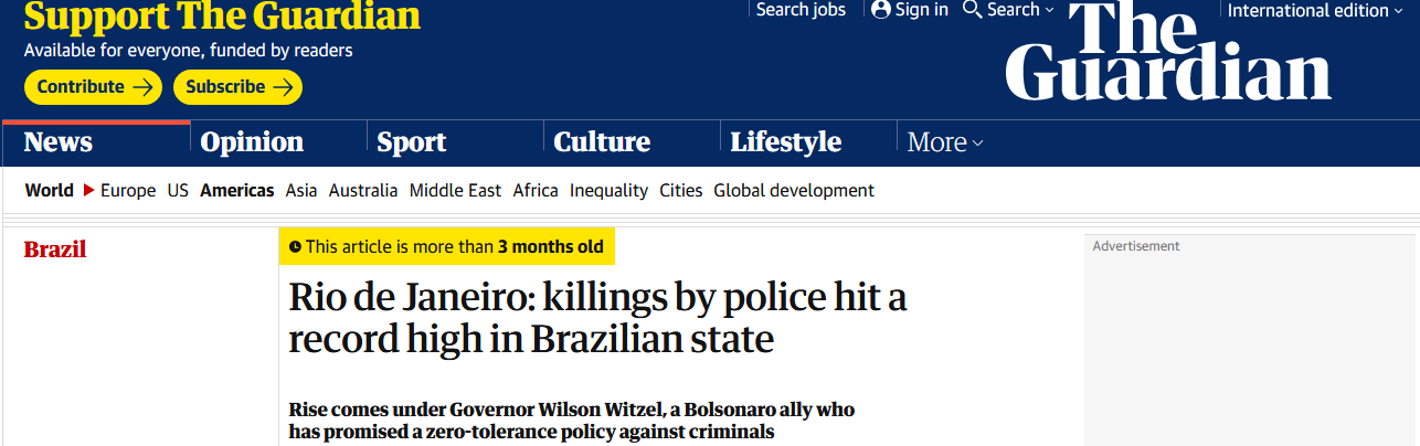 capa do jornal inglês The Guardian - Rio de Janeiro: killings by police hit a record high in Brazilian state